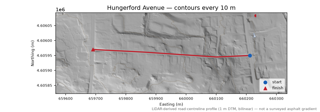 Hungerford Avenue LiDAR hillshade map with contours