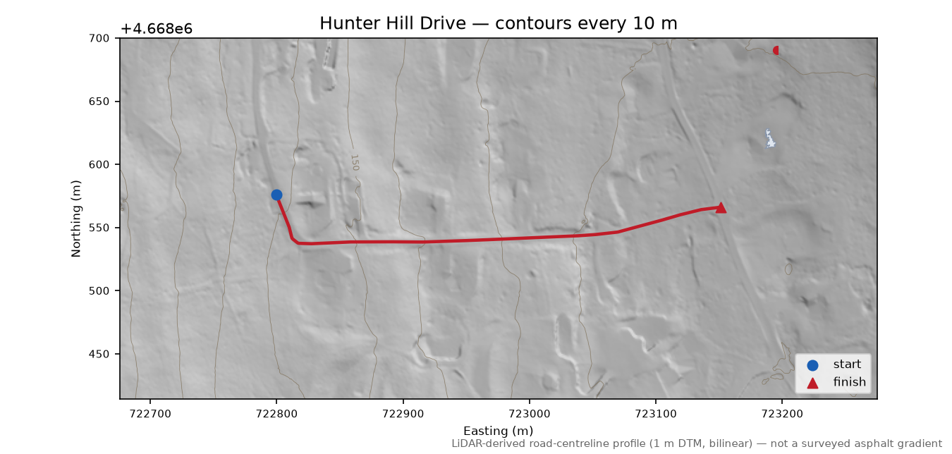 Hunter Hill Drive LiDAR hillshade map with contours