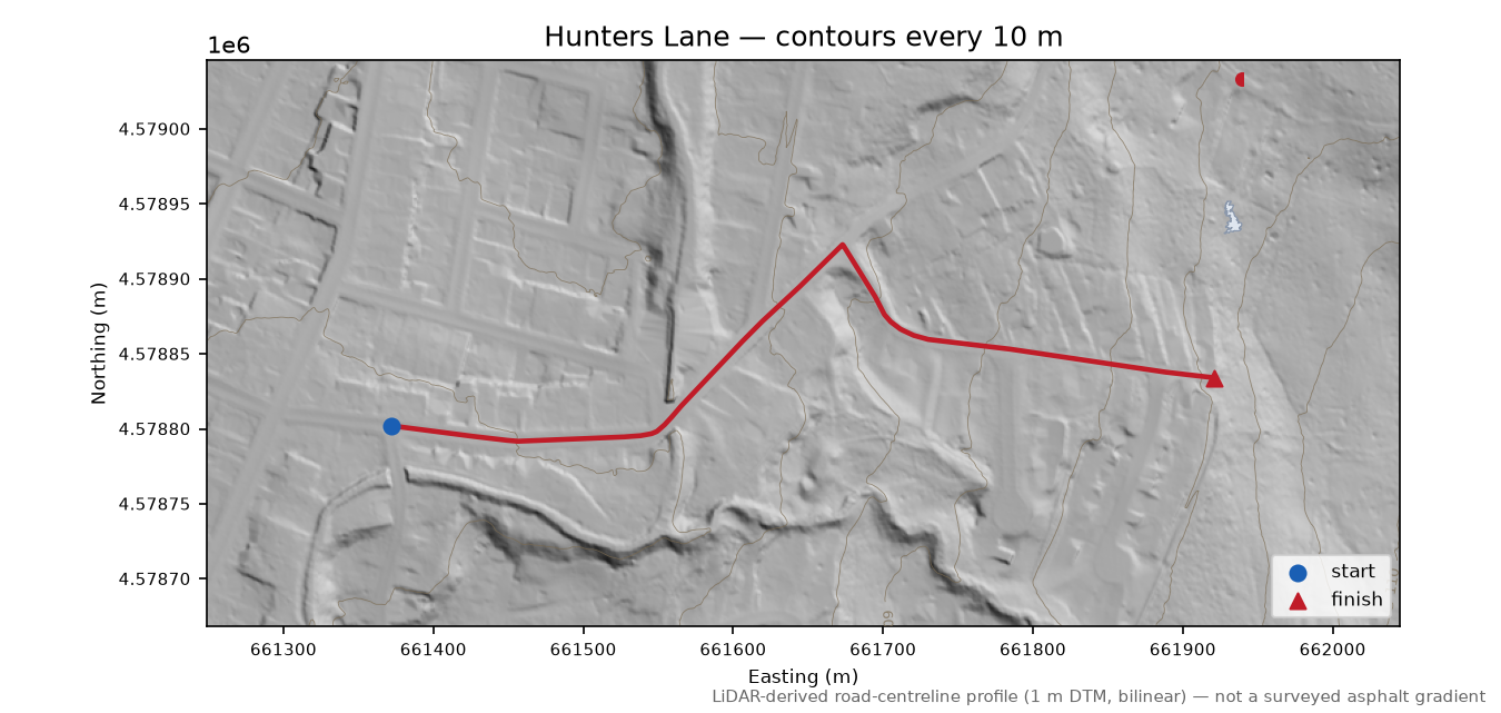 Hunters Lane LiDAR hillshade map with contours