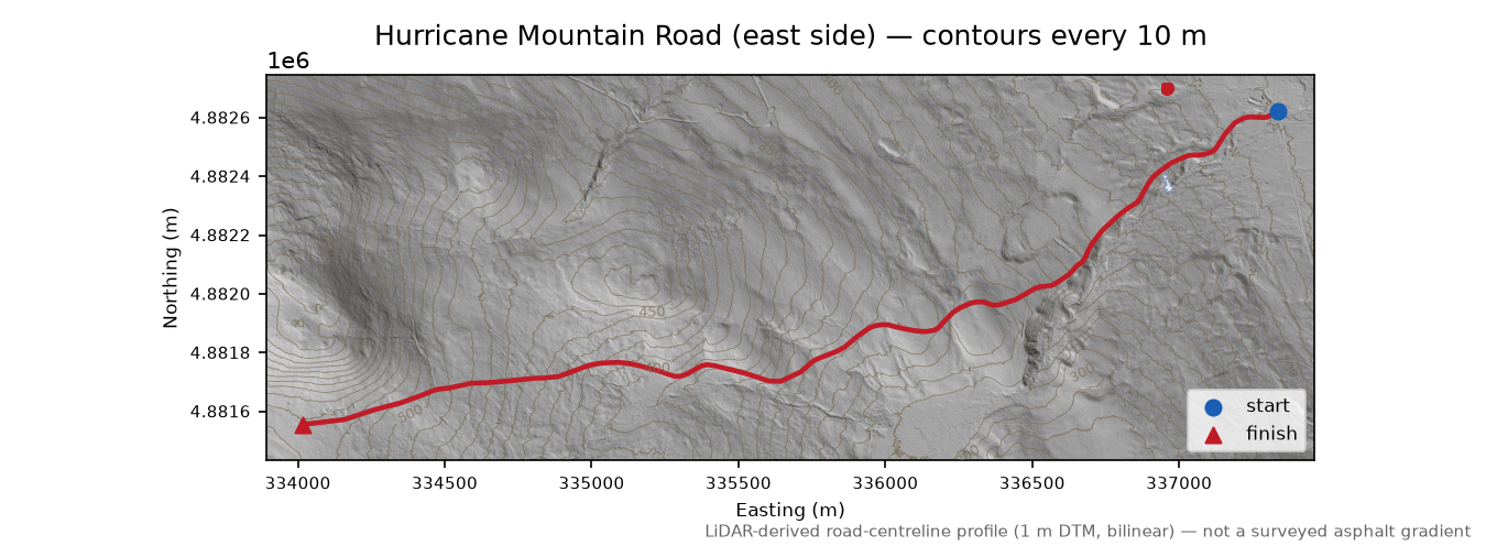 Hurricane Mountain Road (east side) LiDAR hillshade map with contours