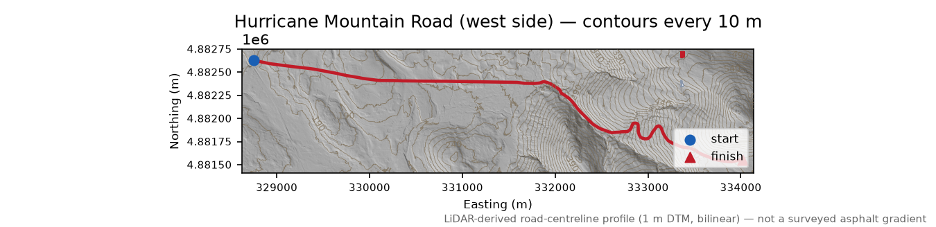 Hurricane Mountain Road (west side) LiDAR hillshade map with contours