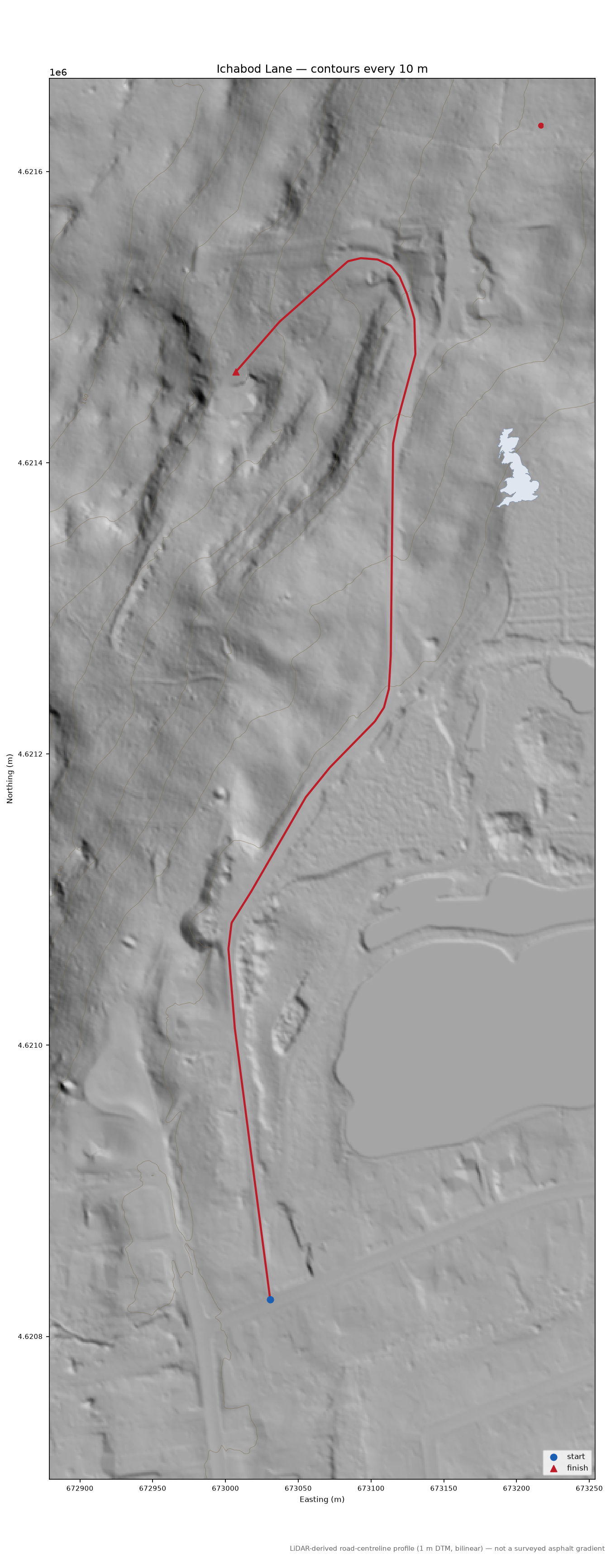 Ichabod Lane LiDAR hillshade map with contours