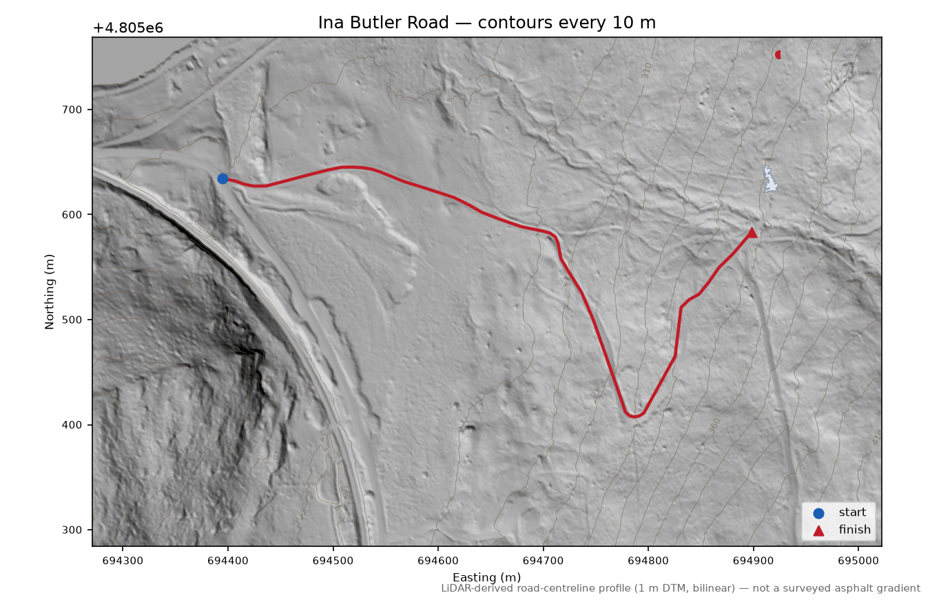Ina Butler Road LiDAR hillshade map with contours