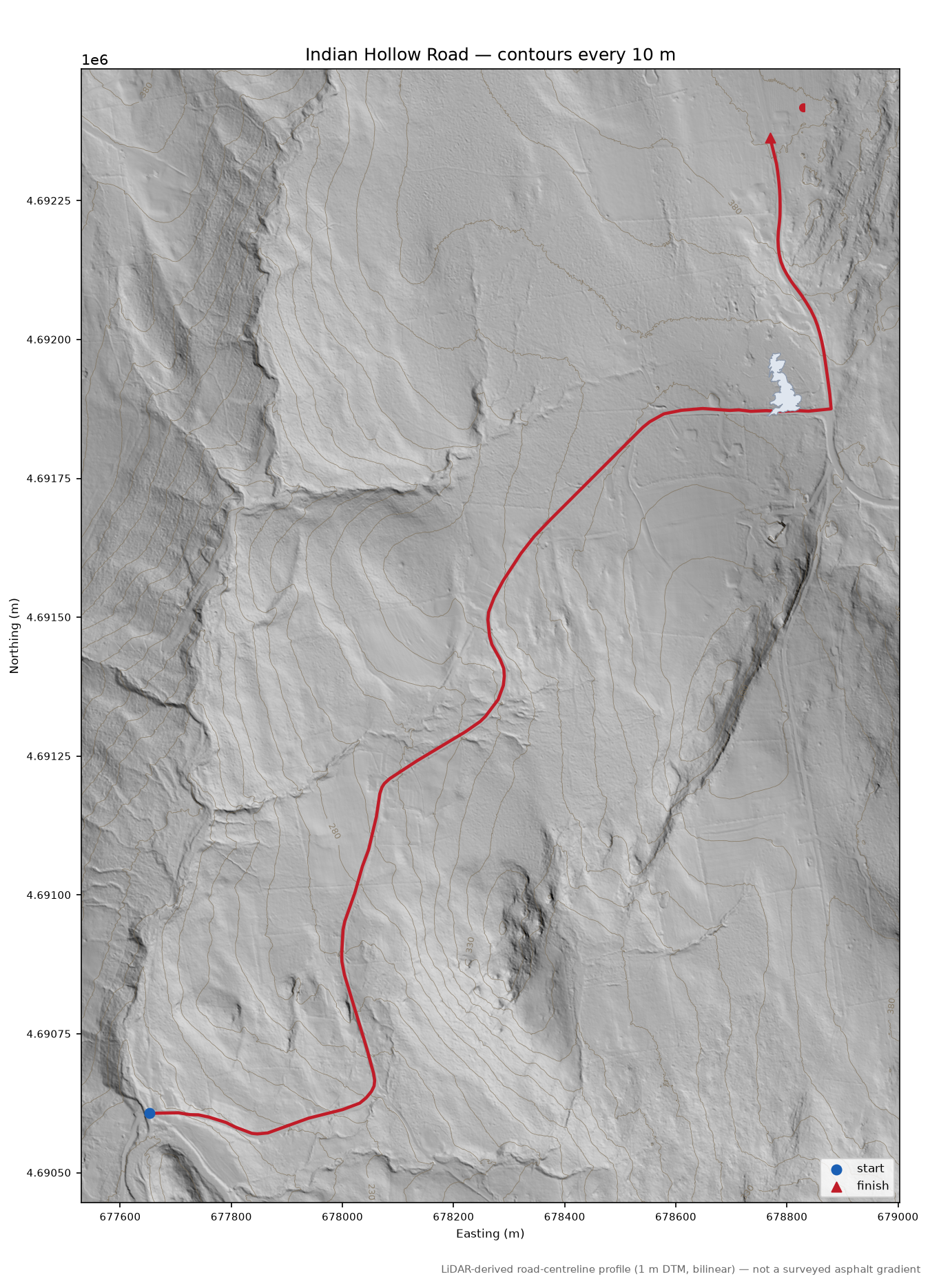 Indian Hollow Road LiDAR hillshade map with contours