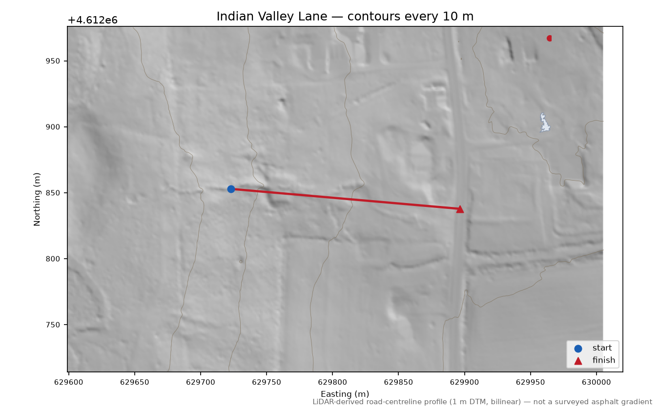 Indian Valley Lane LiDAR hillshade map with contours