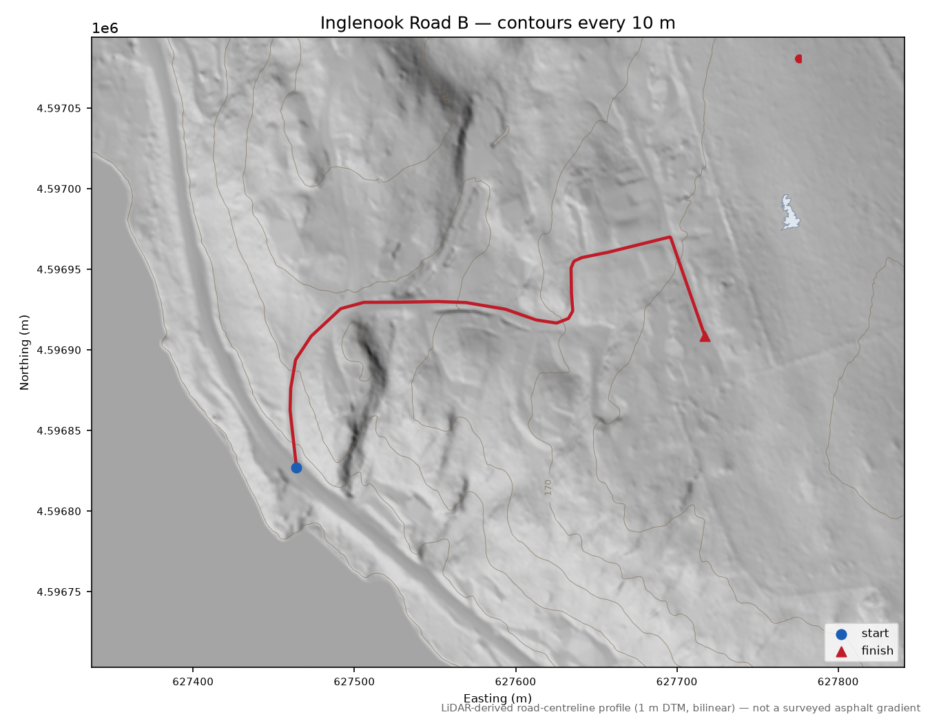 Inglenook Road B LiDAR hillshade map with contours