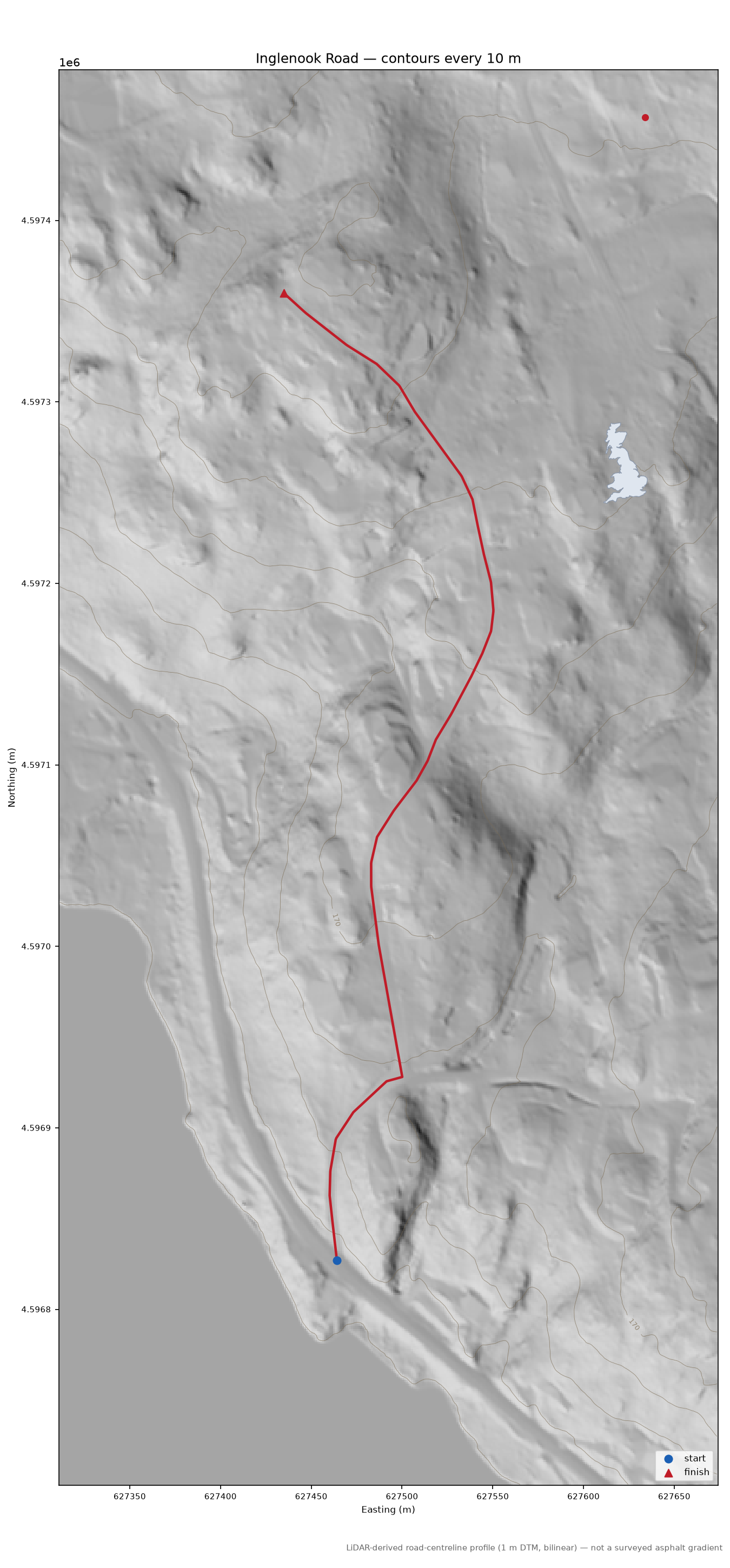 Inglenook Road LiDAR hillshade map with contours