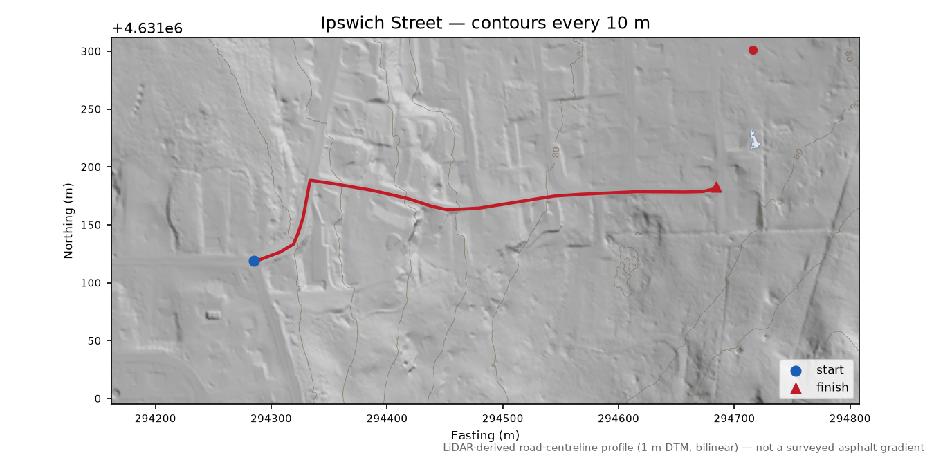Ipswich Street LiDAR hillshade map with contours