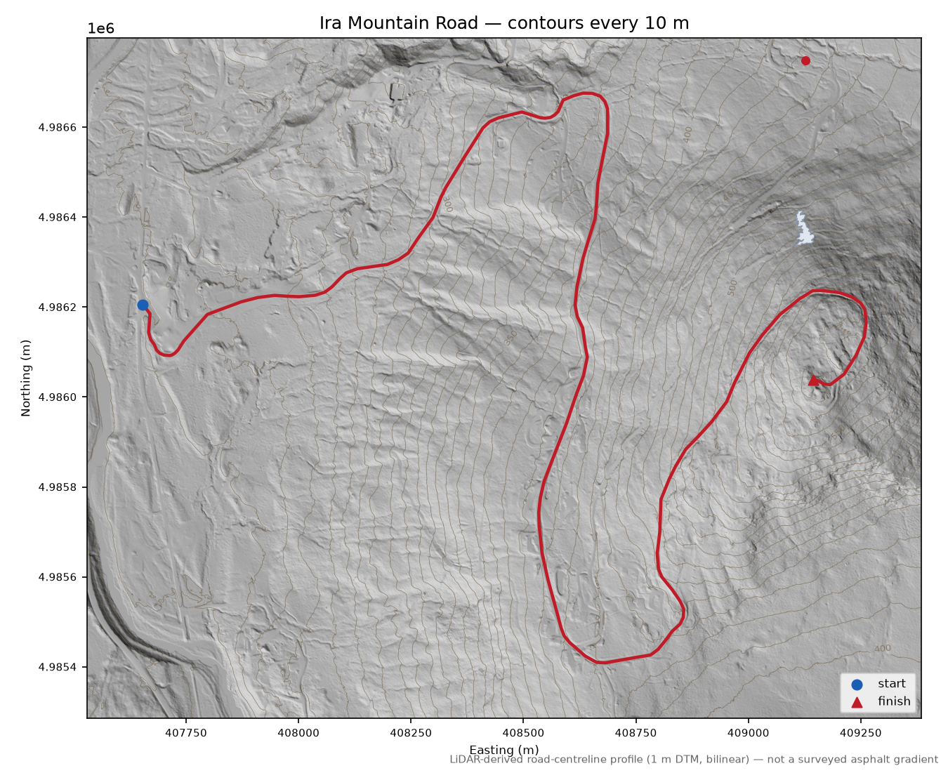 Ira Mountain Road LiDAR hillshade map with contours