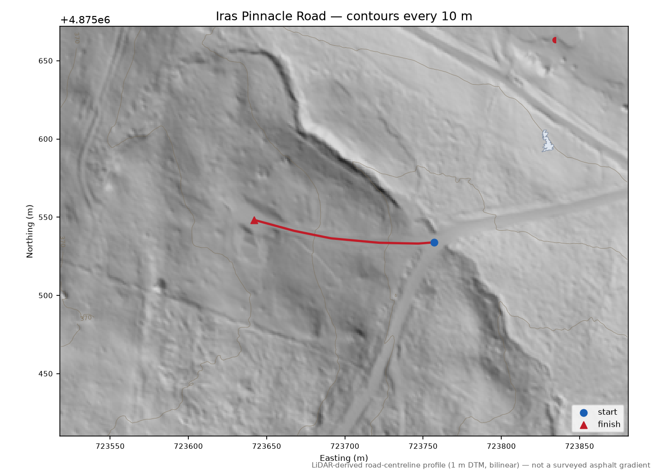 Iras Pinnacle Road LiDAR hillshade map with contours