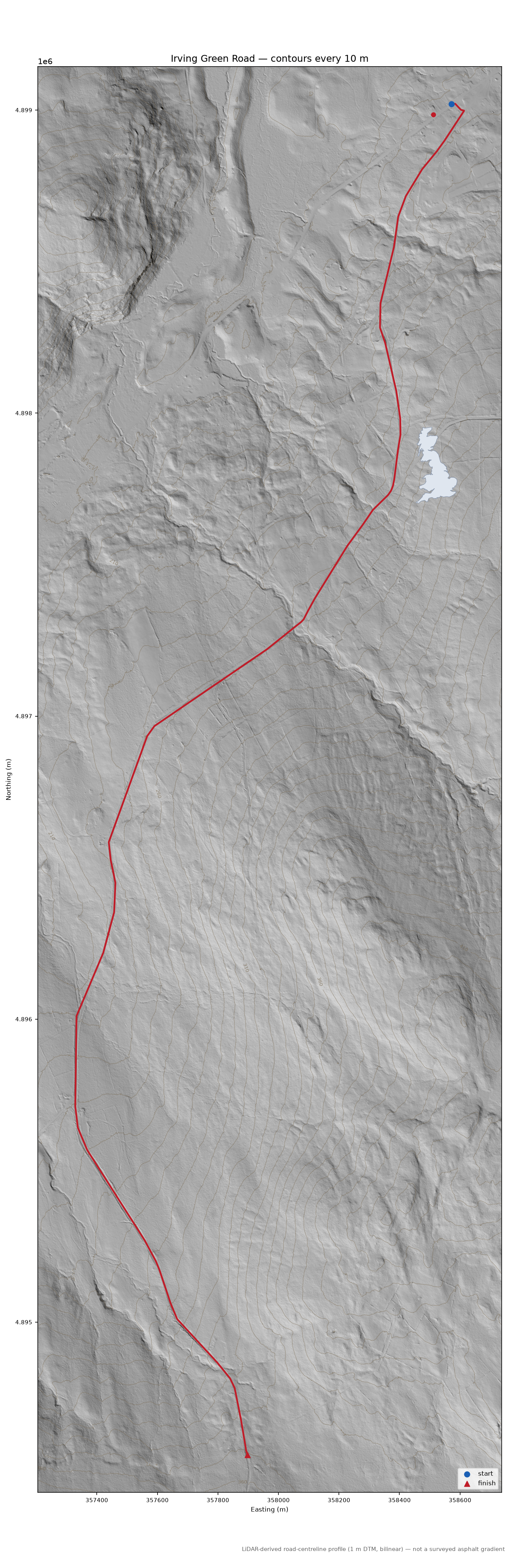 Irving Green Road LiDAR hillshade map with contours