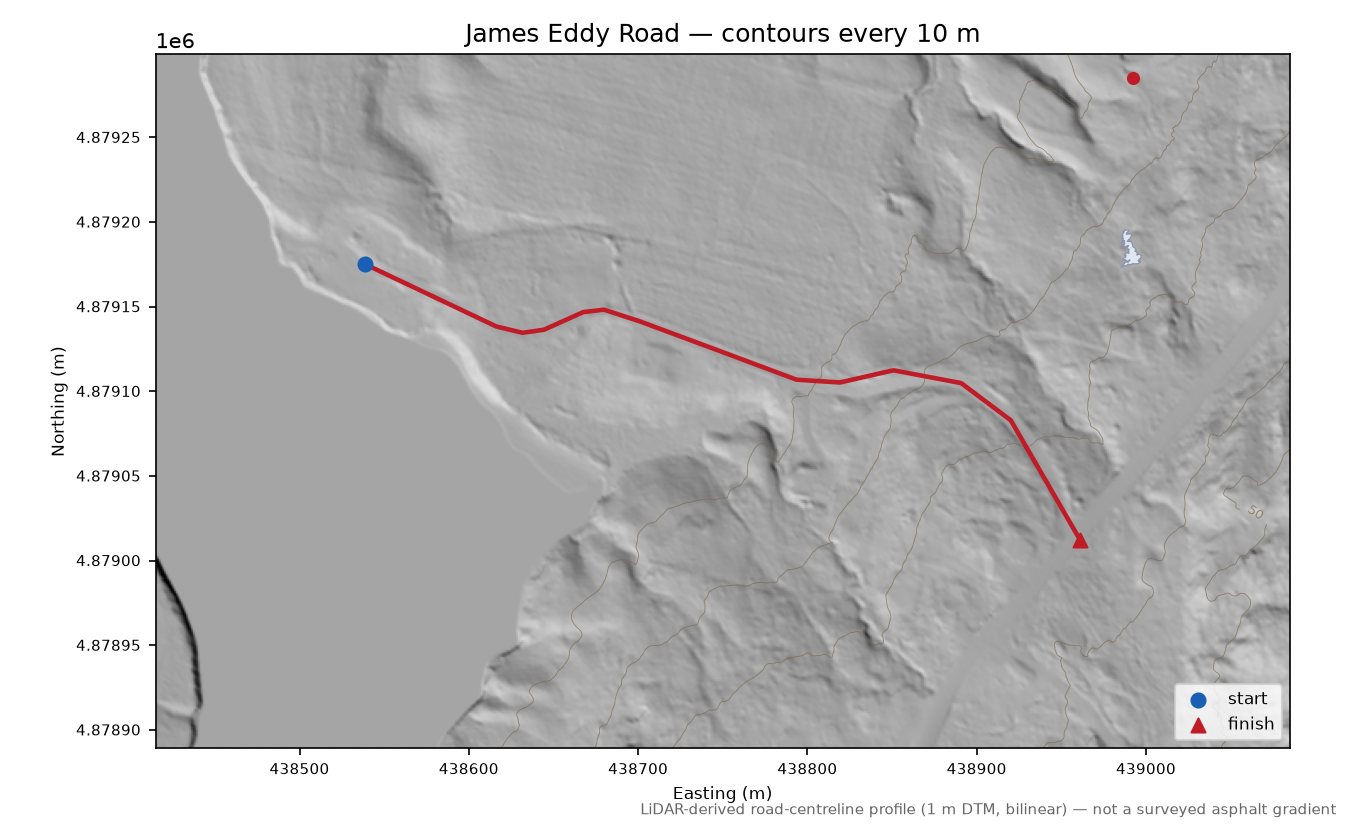 James Eddy Road LiDAR hillshade map with contours