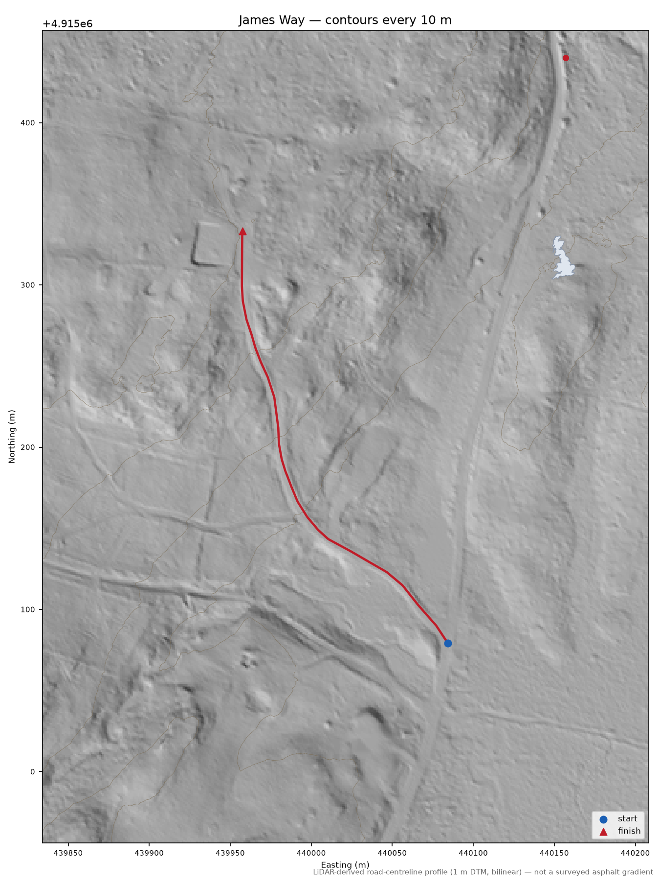 James Way LiDAR hillshade map with contours
