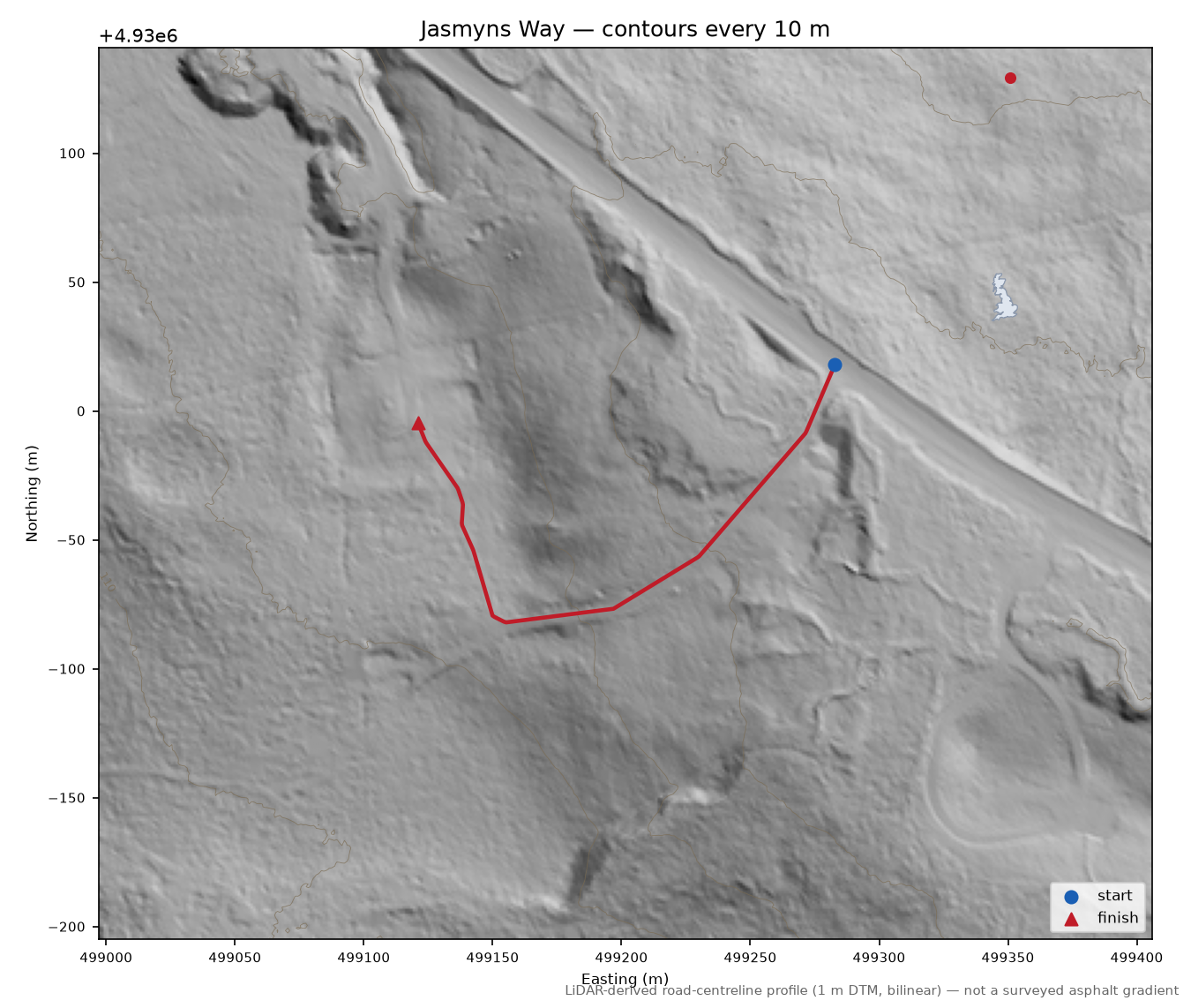 Jasmyns Way LiDAR hillshade map with contours
