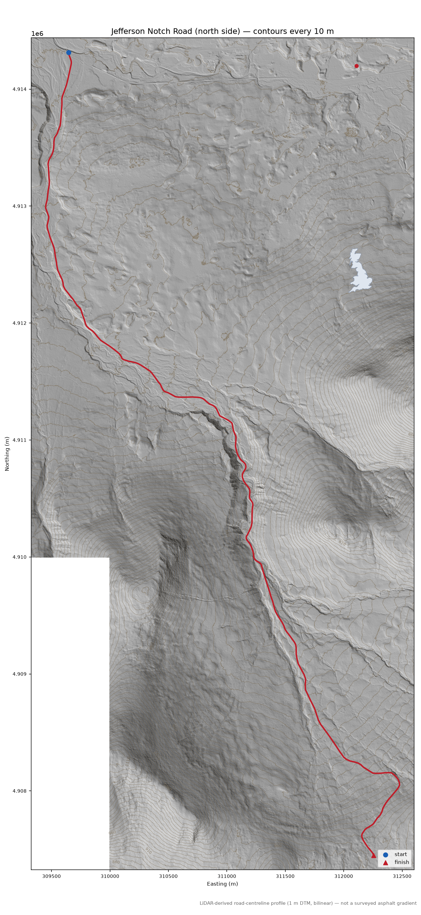 Jefferson Notch Road (north side) LiDAR hillshade map with contours