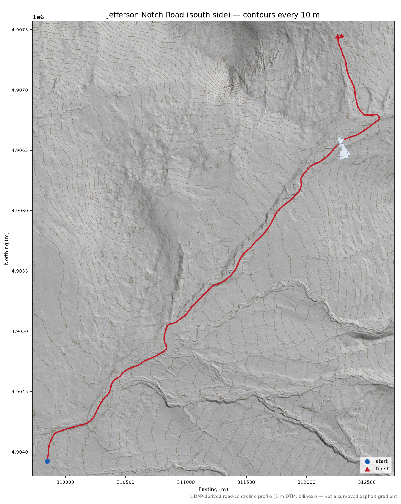 Jefferson Notch Road (south side) LiDAR hillshade map with contours