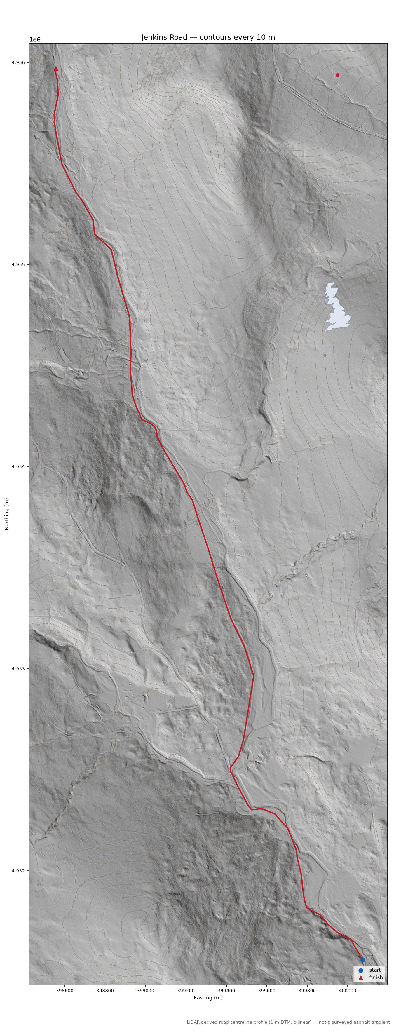 Jenkins Road LiDAR hillshade map with contours