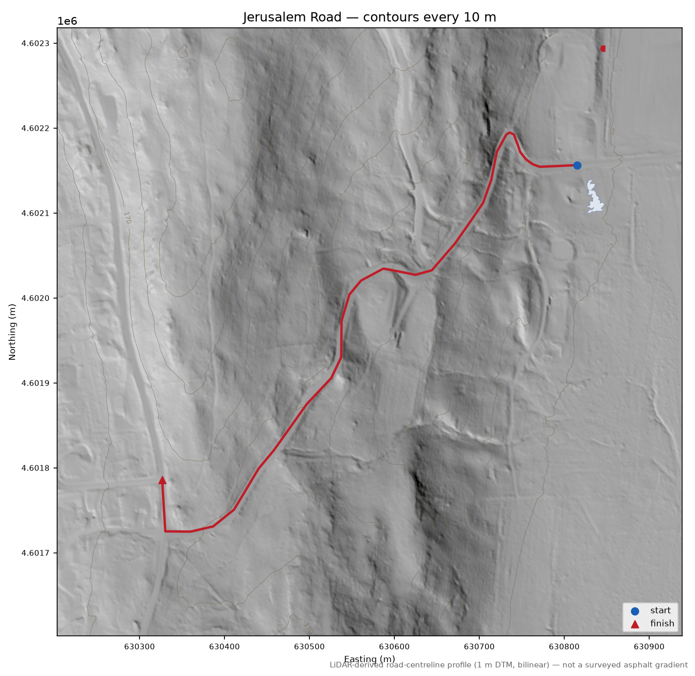 Jerusalem Road LiDAR hillshade map with contours