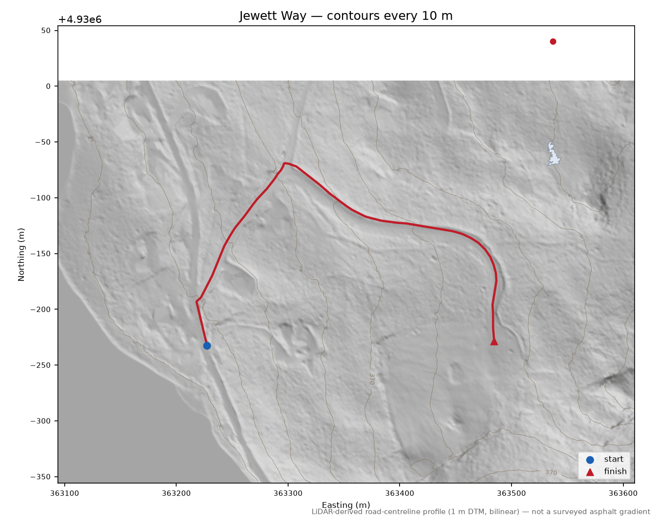 Jewett Way LiDAR hillshade map with contours