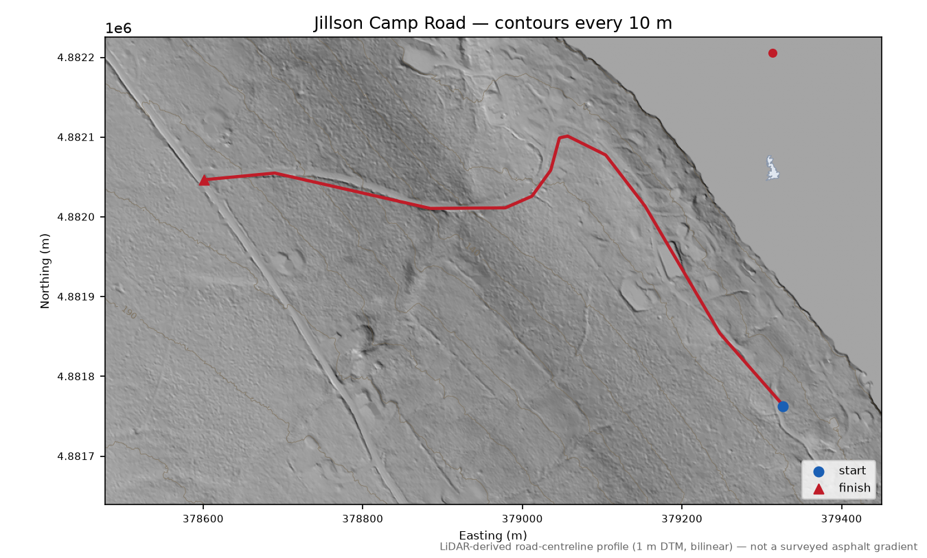 Jillson Camp Road LiDAR hillshade map with contours