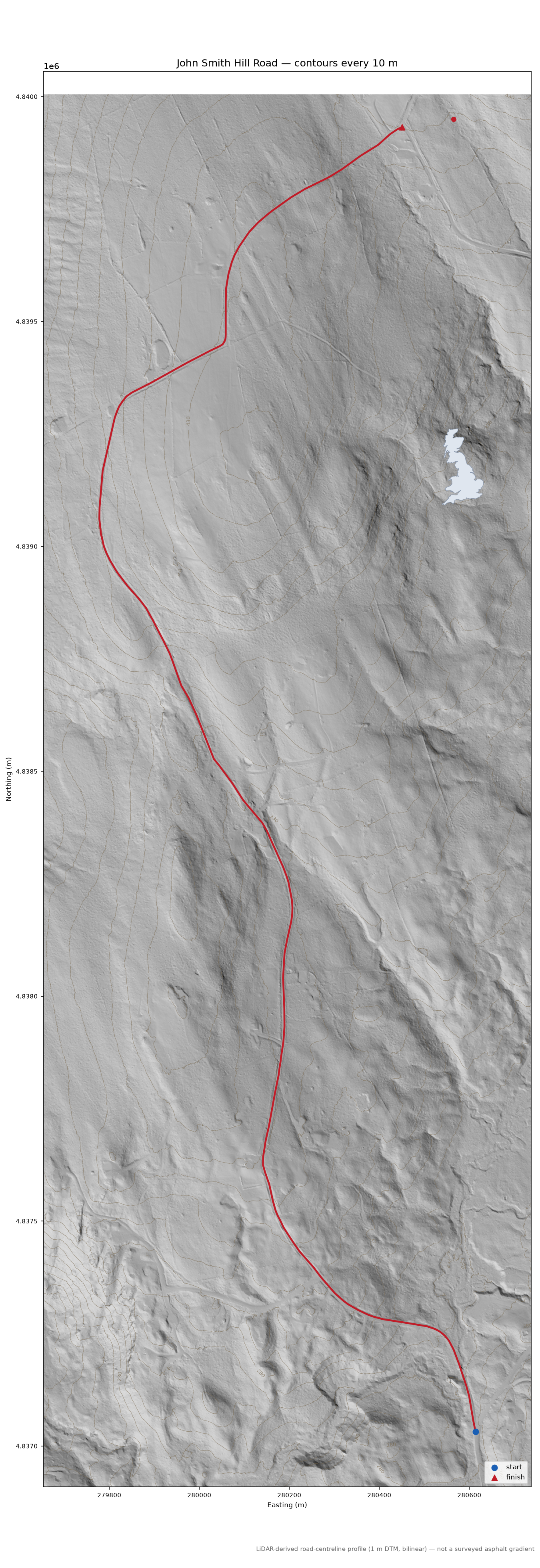 John Smith Hill Road LiDAR hillshade map with contours