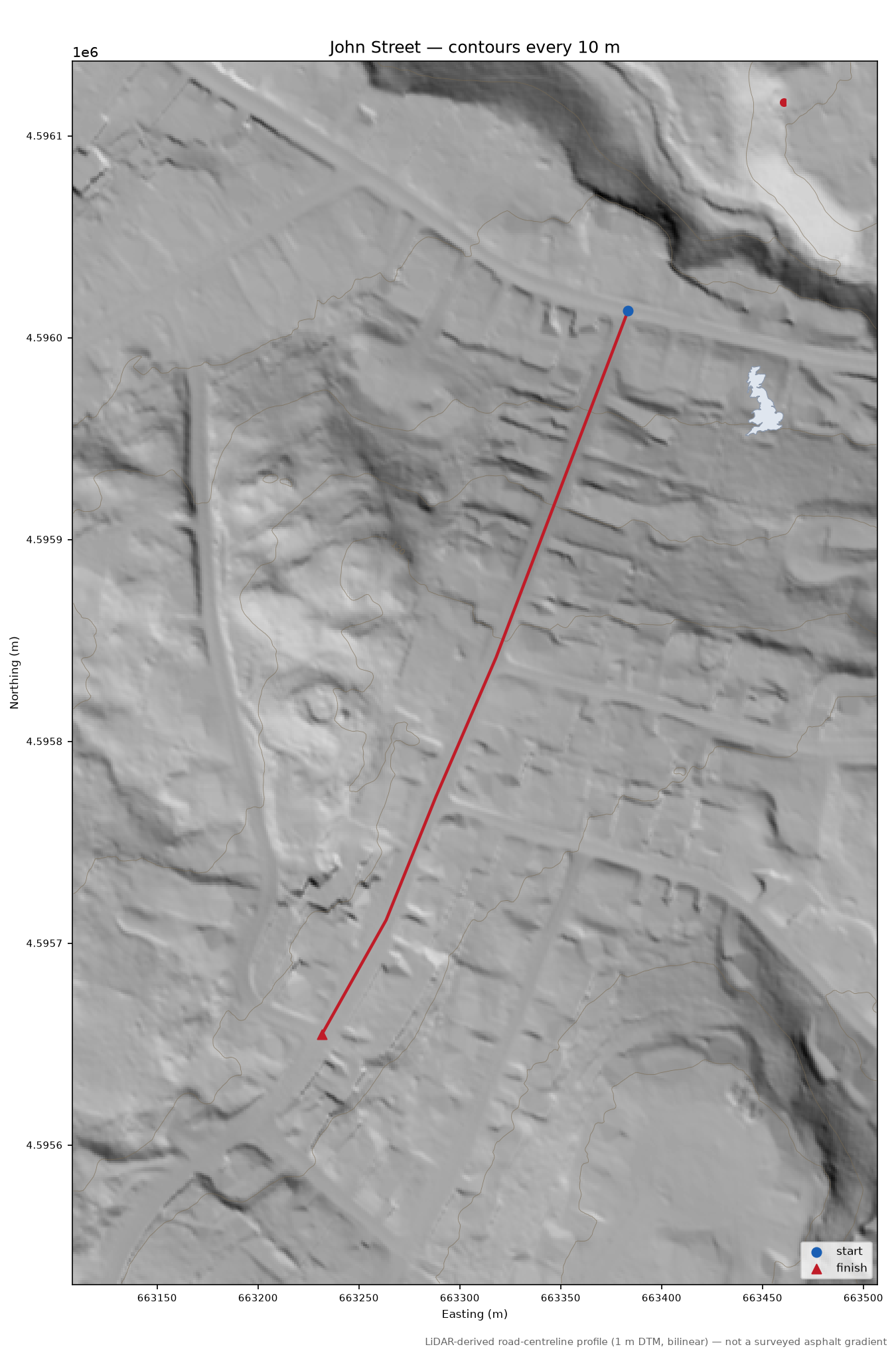 John Street LiDAR hillshade map with contours