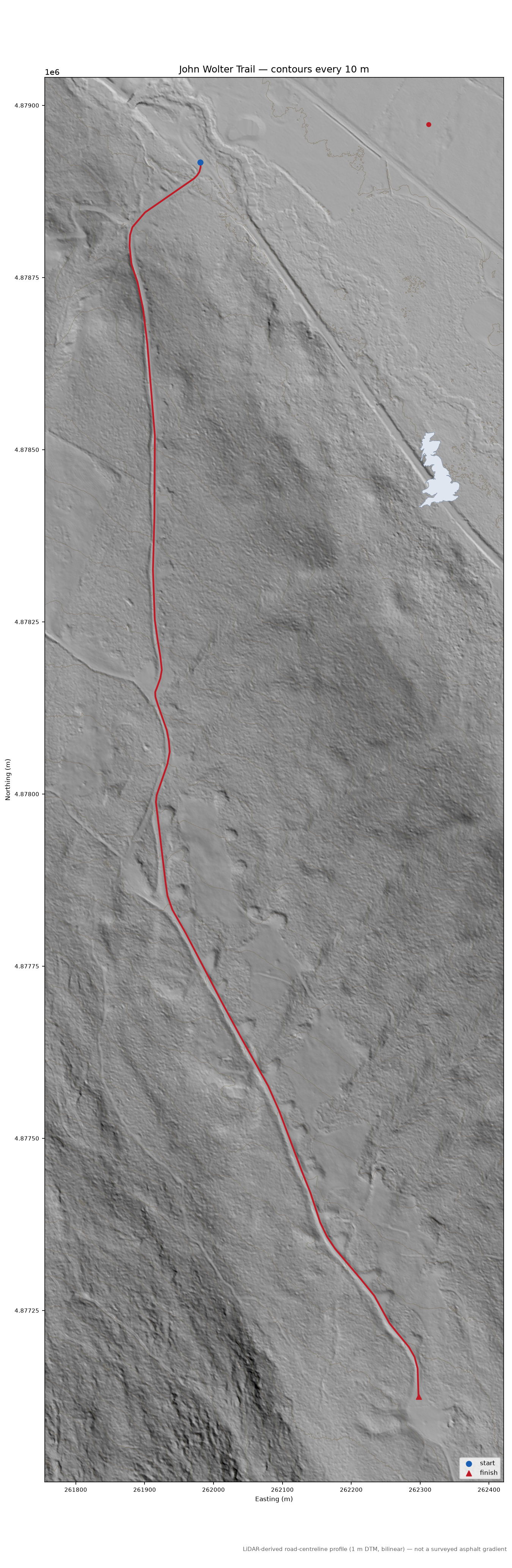John Wolter Trail LiDAR hillshade map with contours