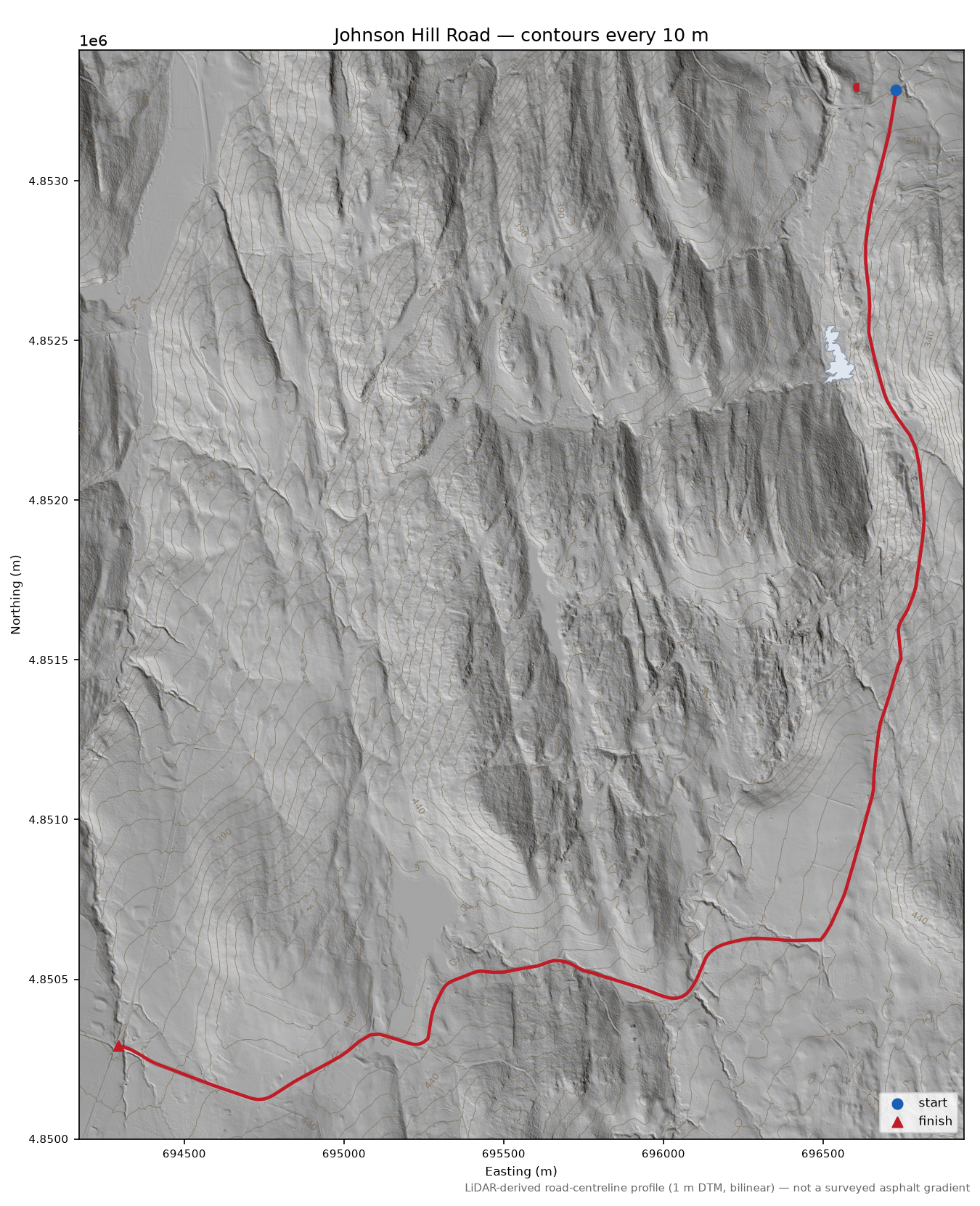 Johnson Hill Road LiDAR hillshade map with contours