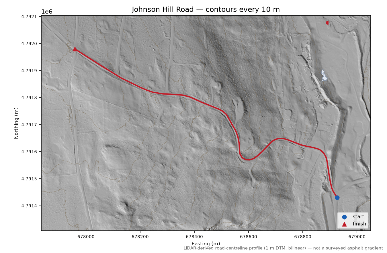 Johnson Hill Road LiDAR hillshade map with contours