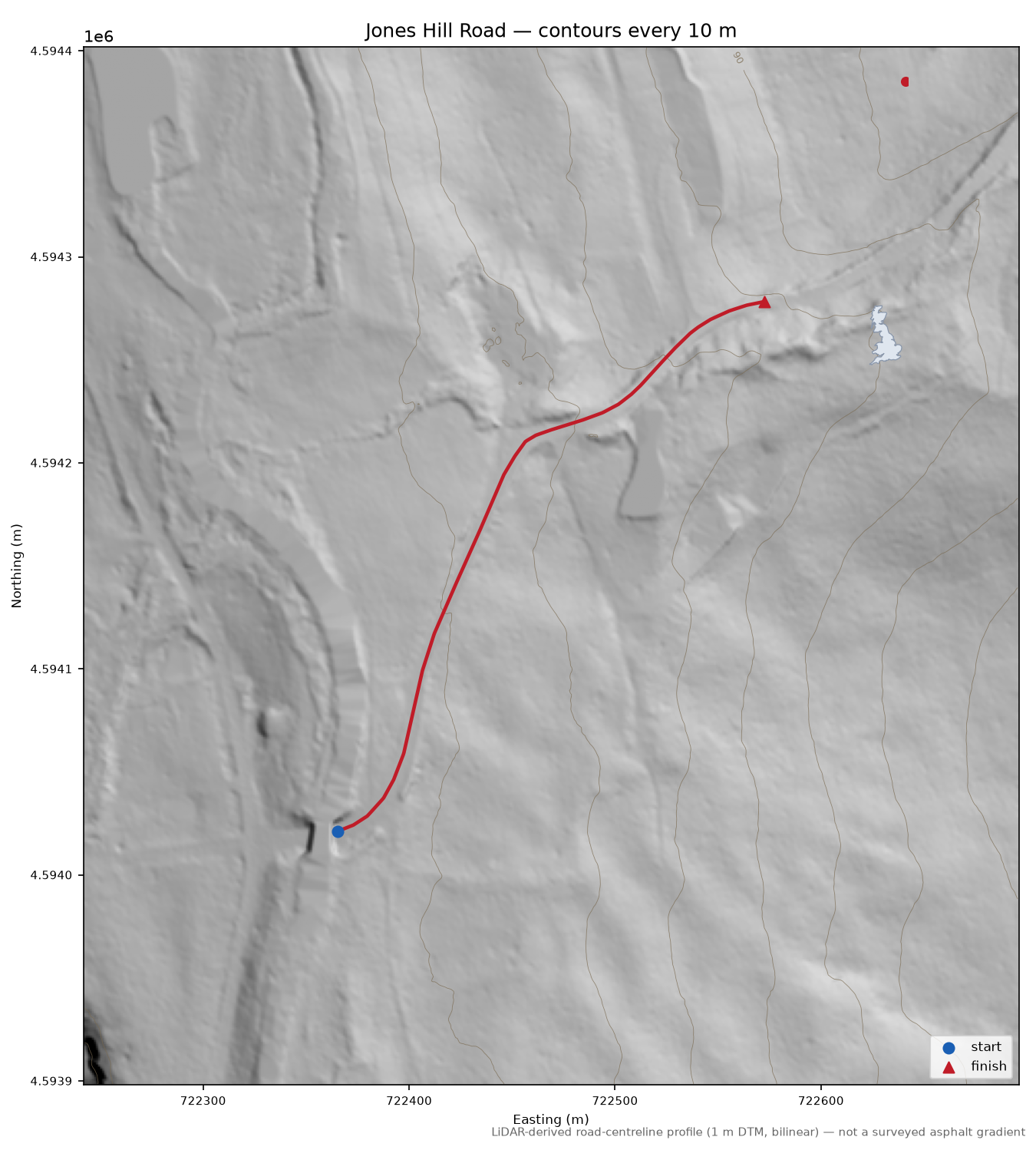 Jones Hill Road LiDAR hillshade map with contours