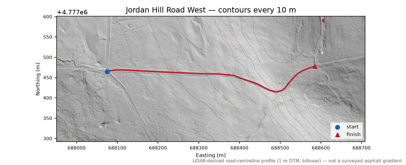 Jordan Hill Road West LiDAR hillshade map with contours