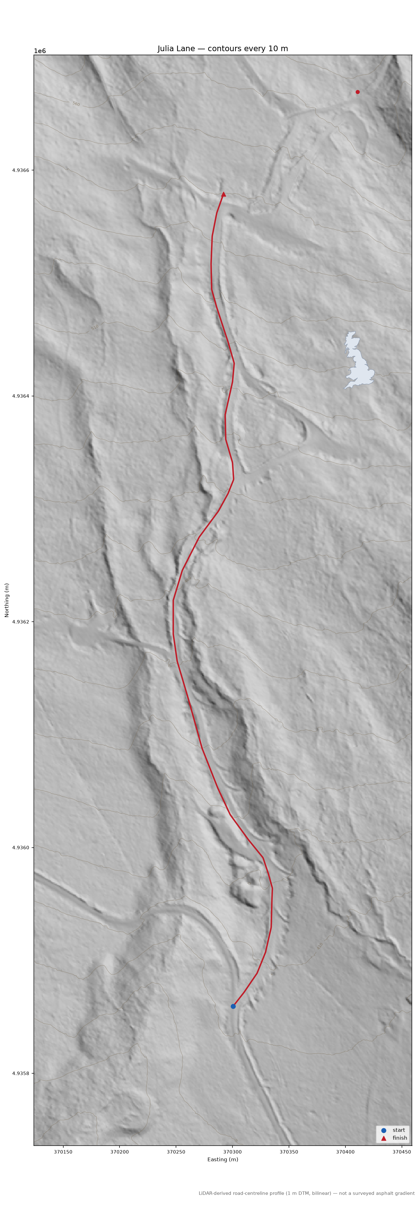 Julia Lane LiDAR hillshade map with contours
