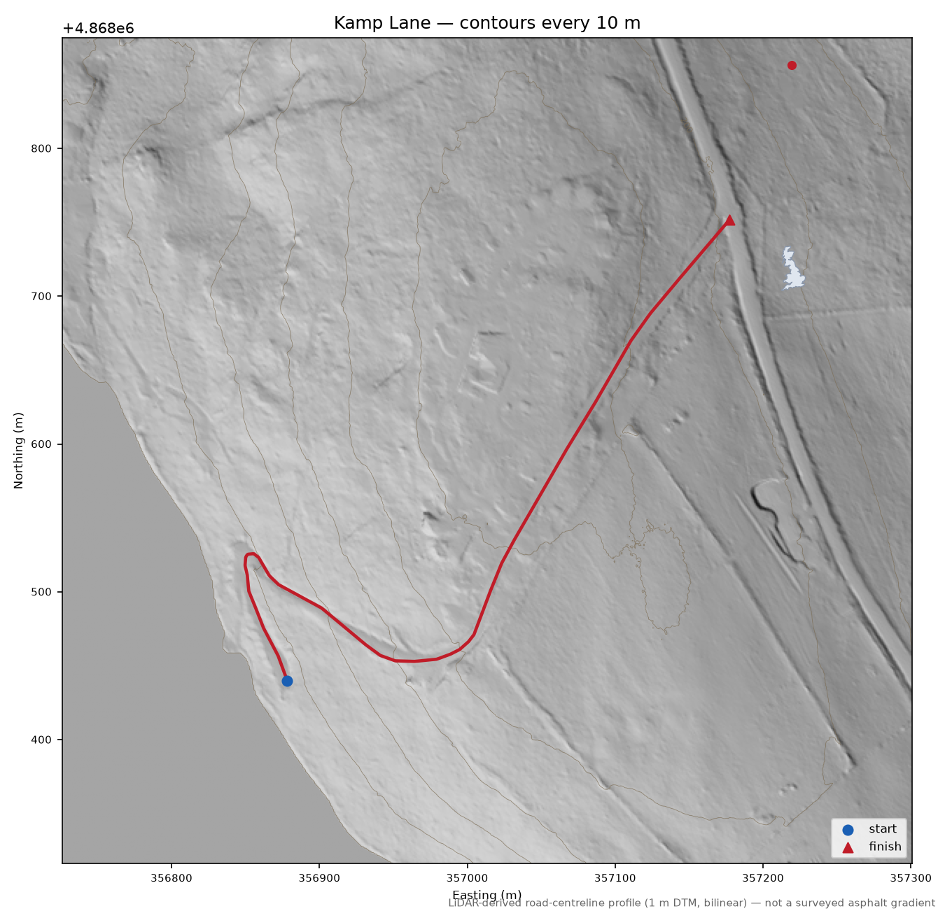 Kamp Lane LiDAR hillshade map with contours