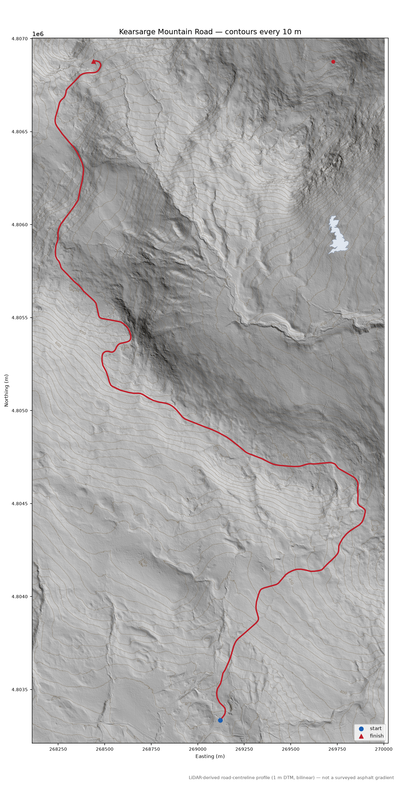 Kearsarge Mountain Road LiDAR hillshade map with contours