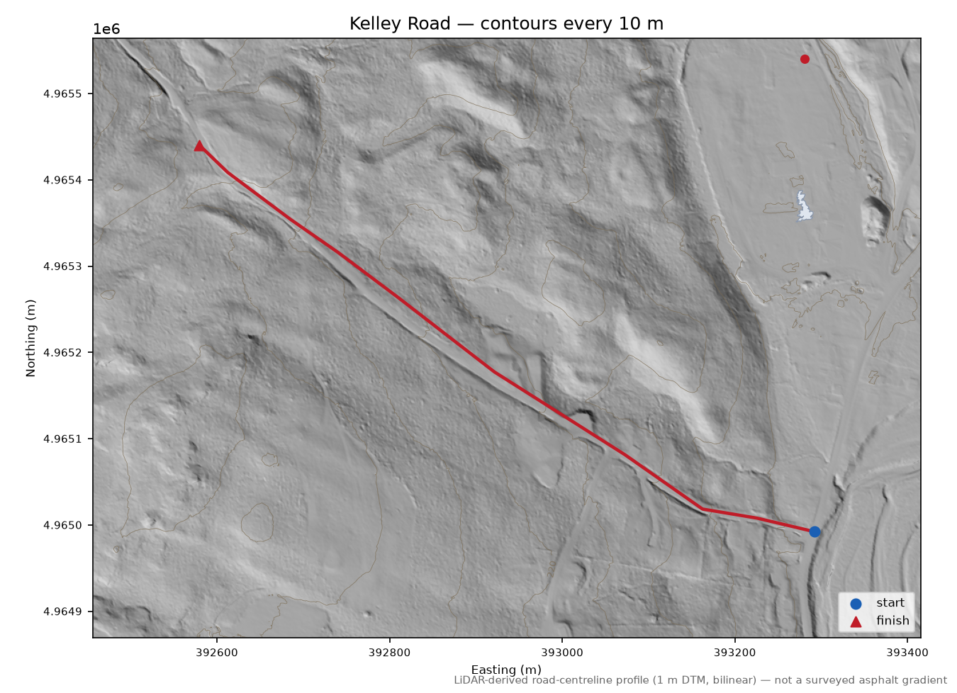 Kelley Road LiDAR hillshade map with contours
