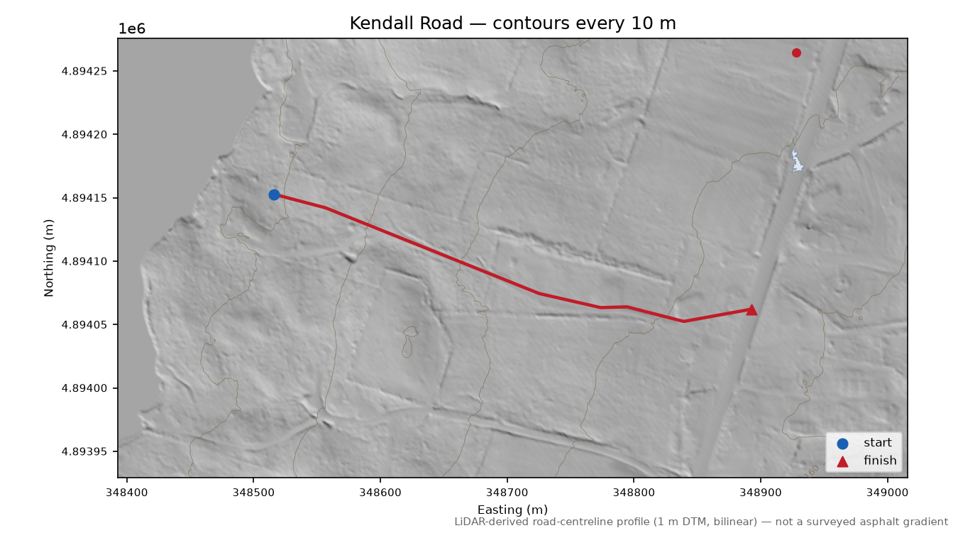 Kendall Road LiDAR hillshade map with contours