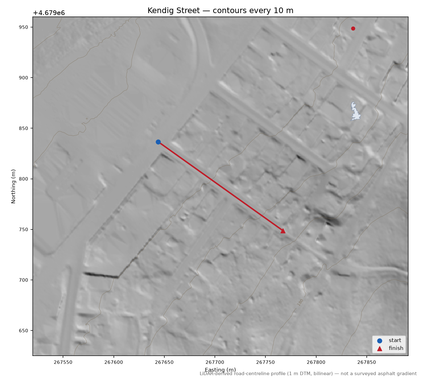 Kendig Street LiDAR hillshade map with contours