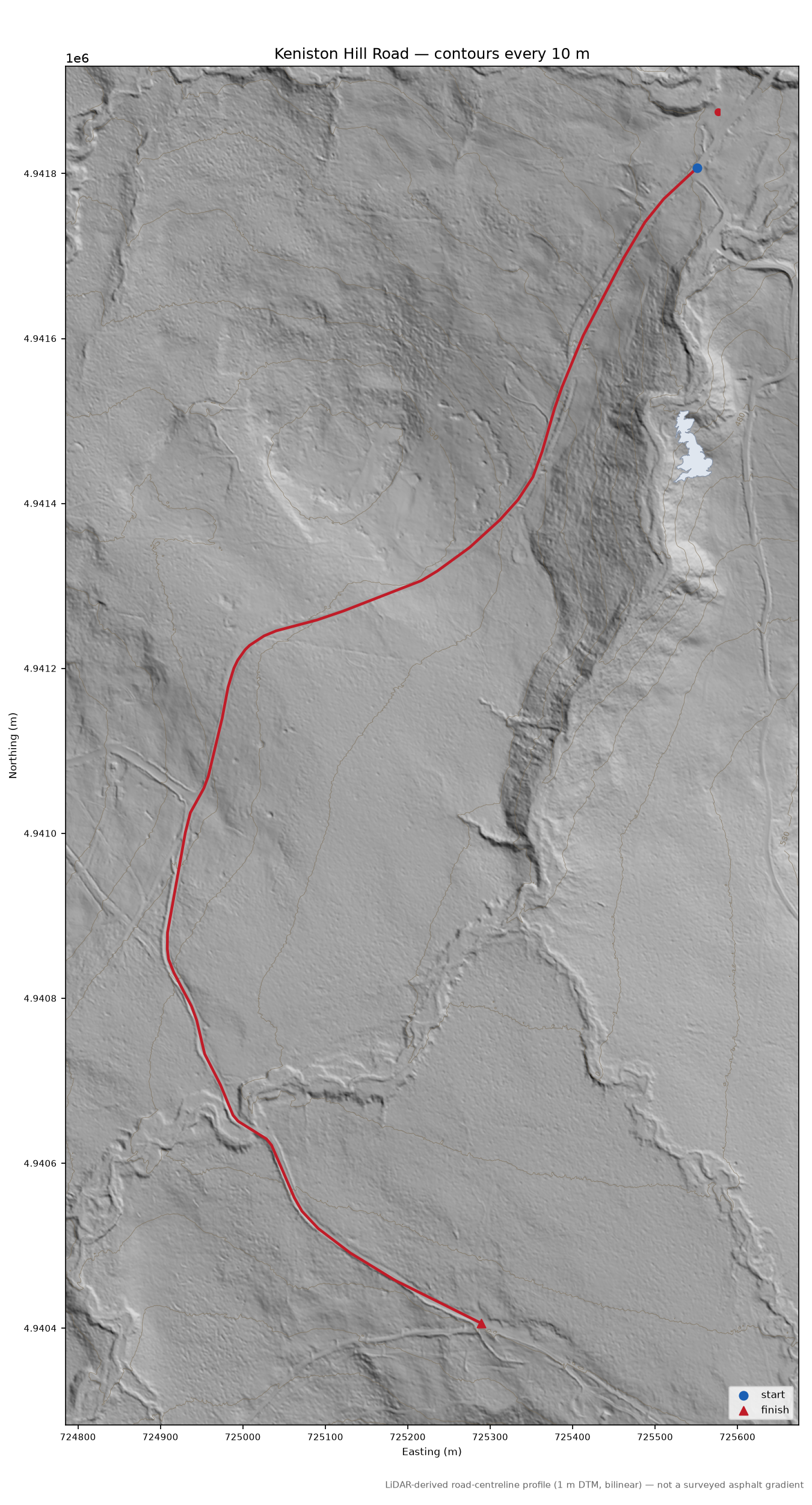 Keniston Hill Road LiDAR hillshade map with contours