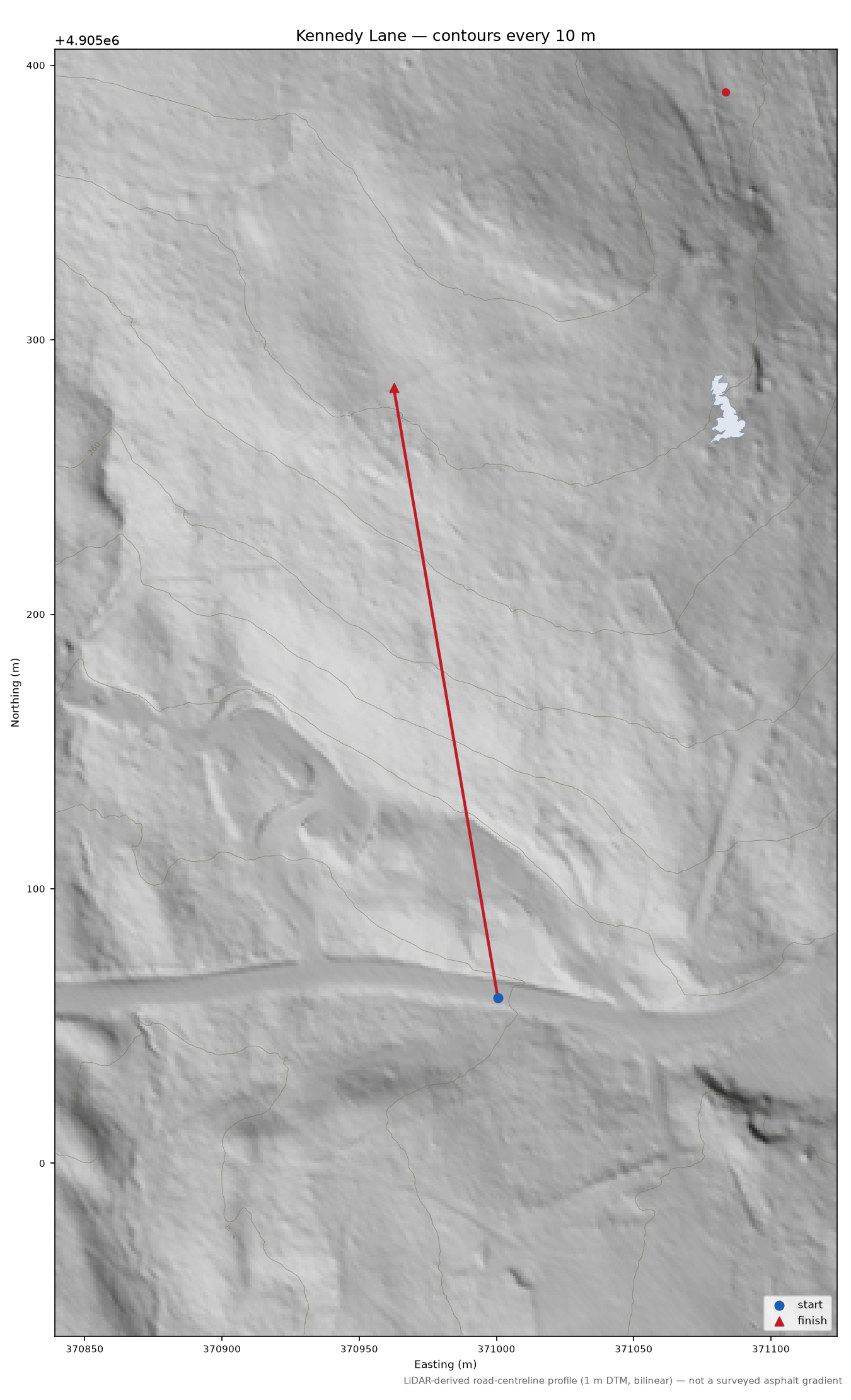 Kennedy Lane LiDAR hillshade map with contours