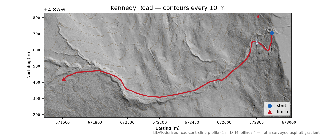 Kennedy Road LiDAR hillshade map with contours