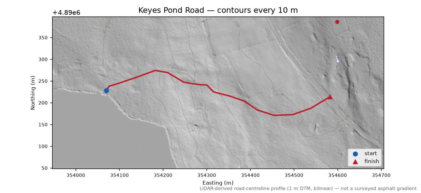 Keyes Pond Road LiDAR hillshade map with contours