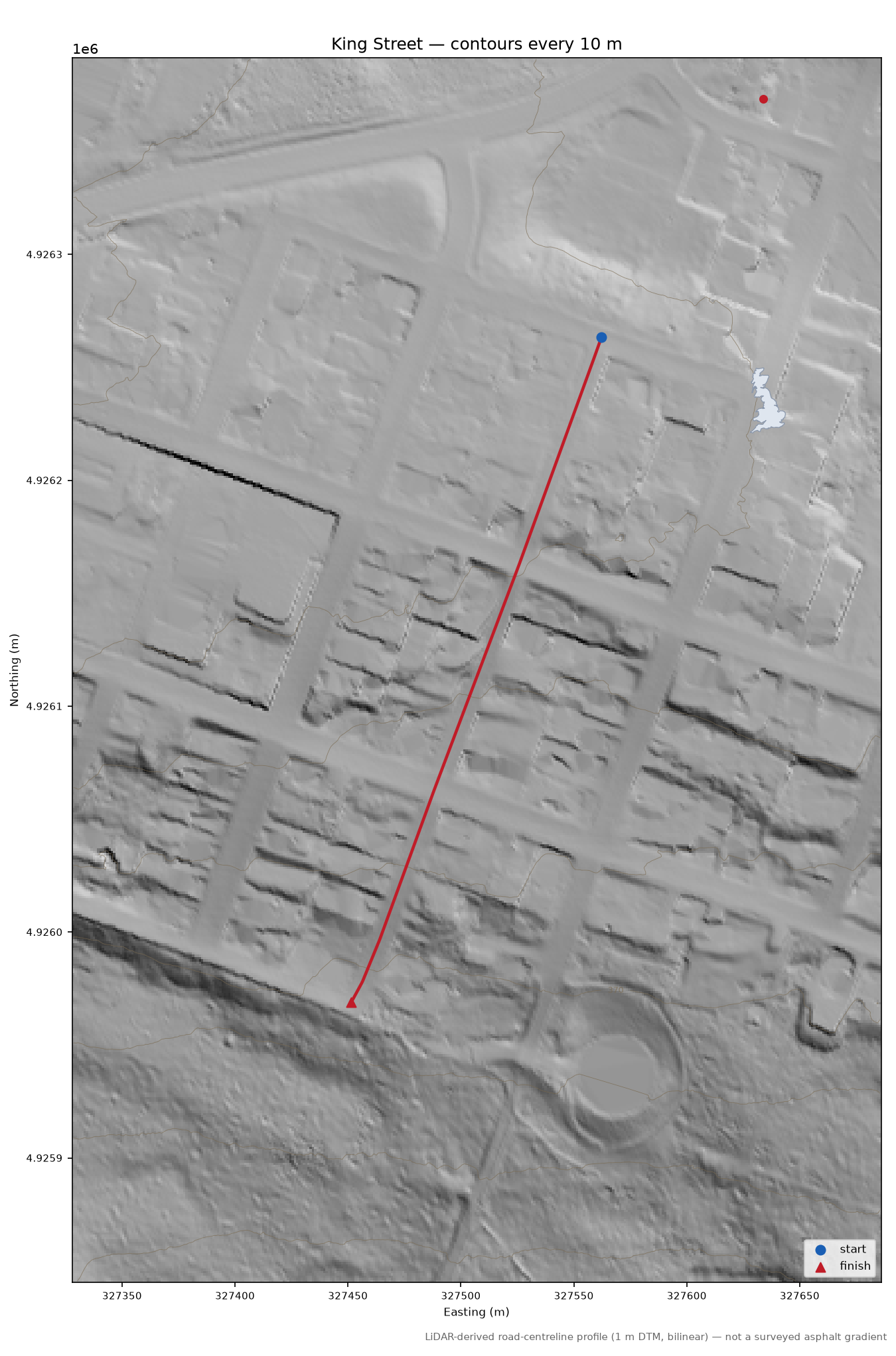 King Street LiDAR hillshade map with contours
