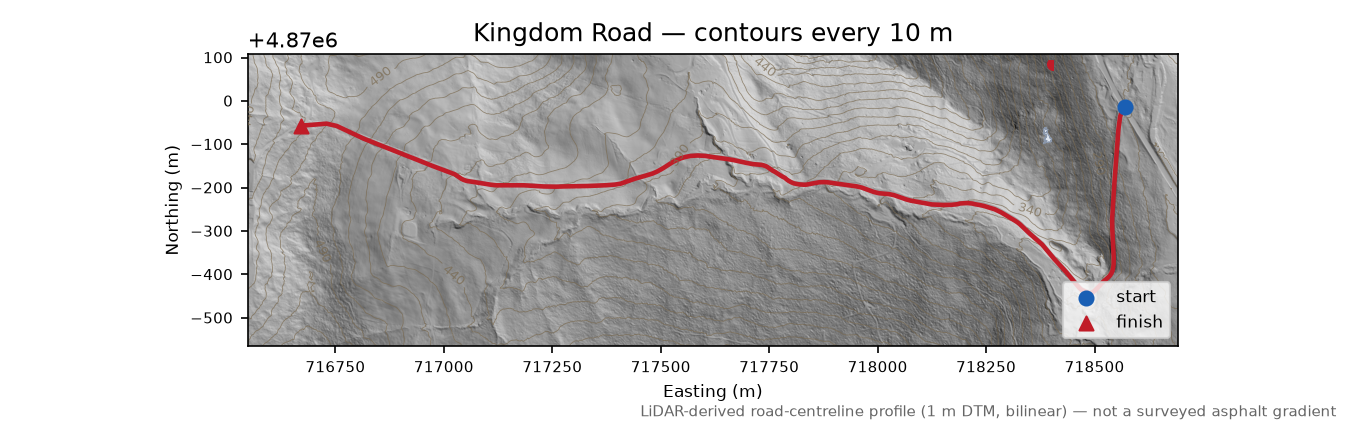 Kingdom Road LiDAR hillshade map with contours