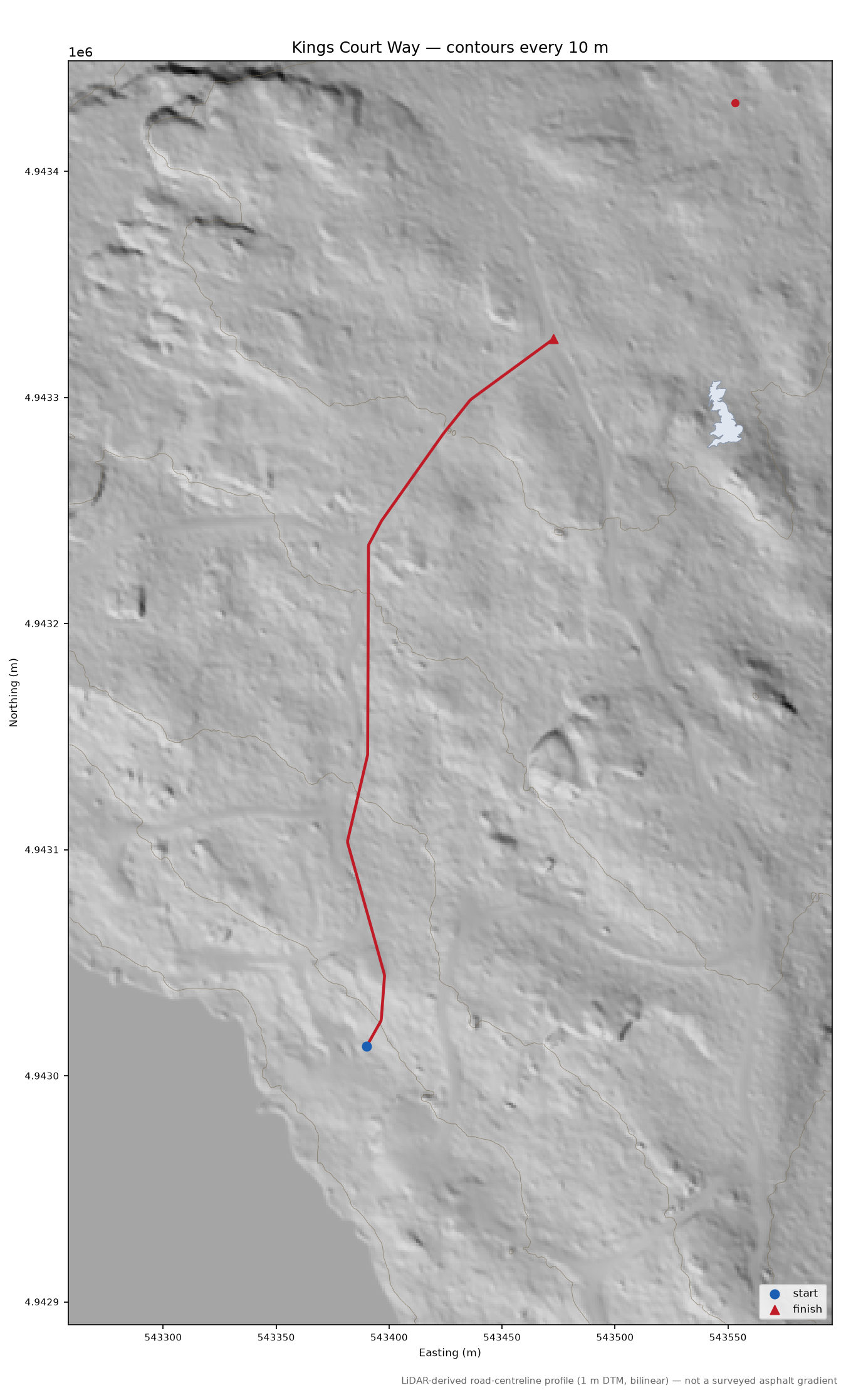 Kings Court Way LiDAR hillshade map with contours