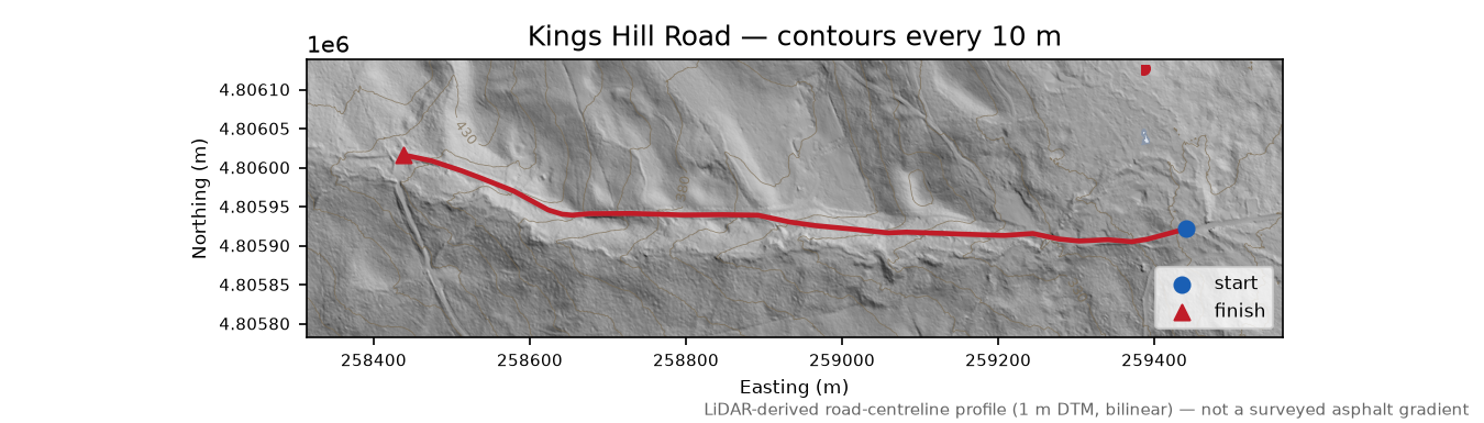 Kings Hill Road LiDAR hillshade map with contours