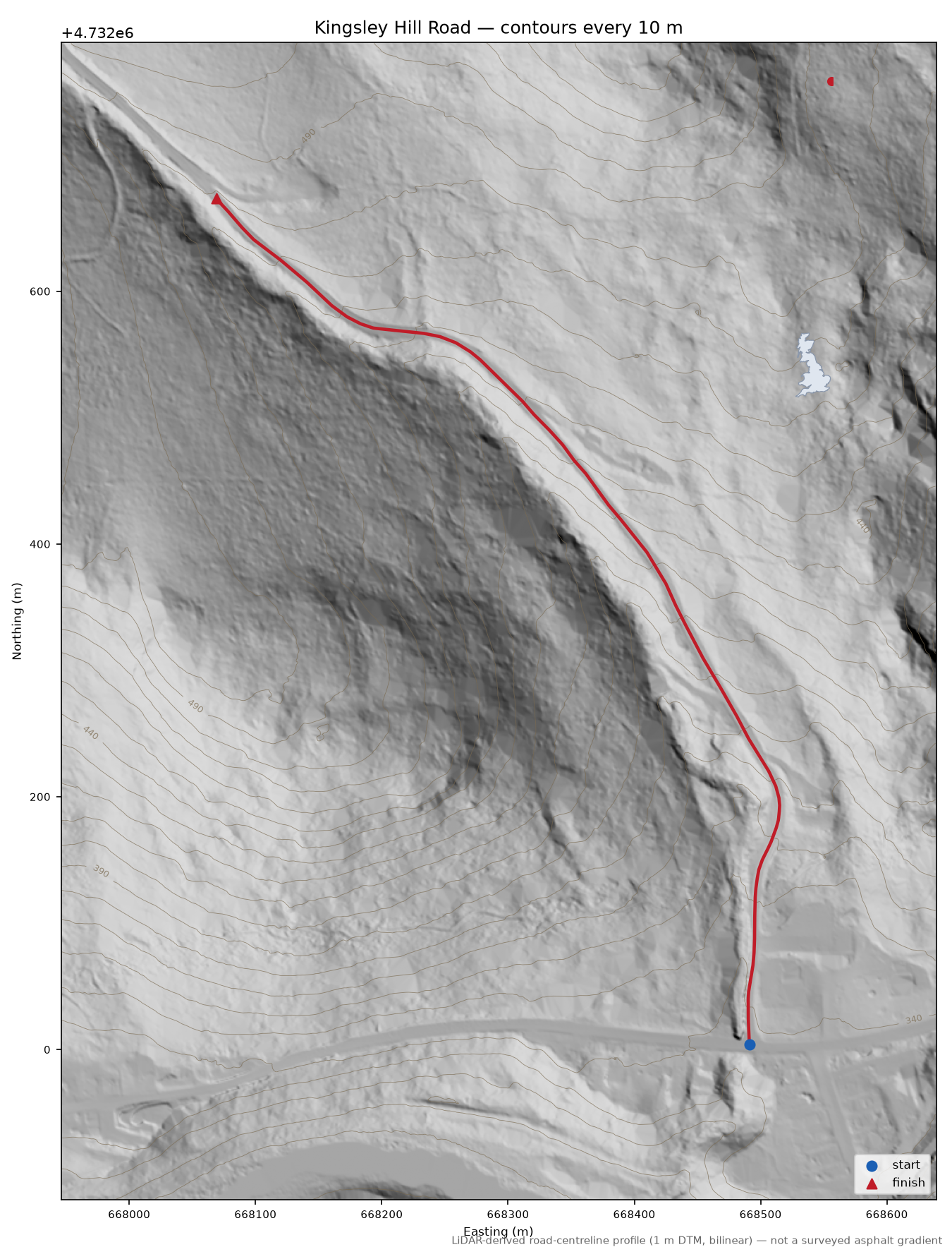 Kingsley Hill Road LiDAR hillshade map with contours