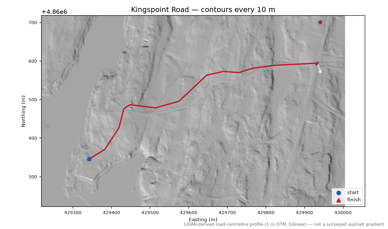 Kingspoint Road LiDAR hillshade map with contours
