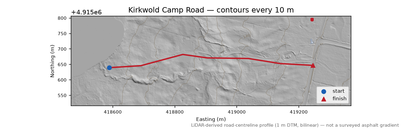 Kirkwold Camp Road LiDAR hillshade map with contours