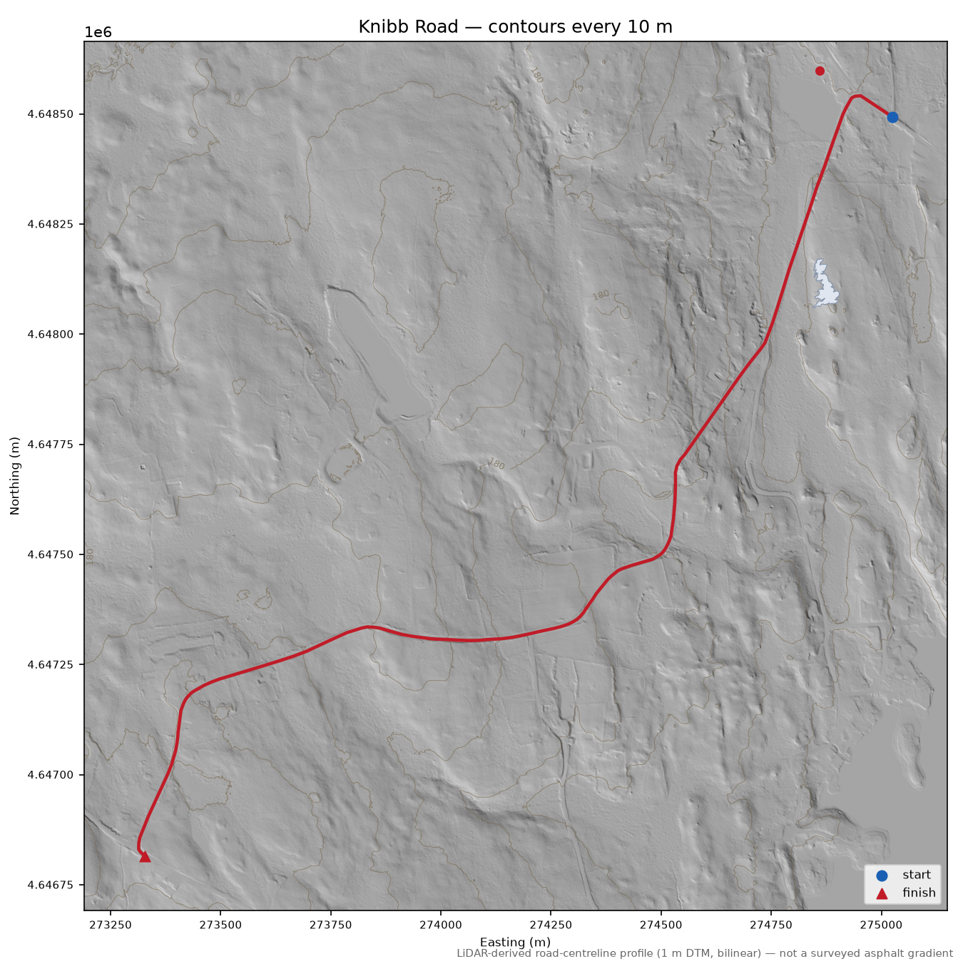Knibb Road LiDAR hillshade map with contours