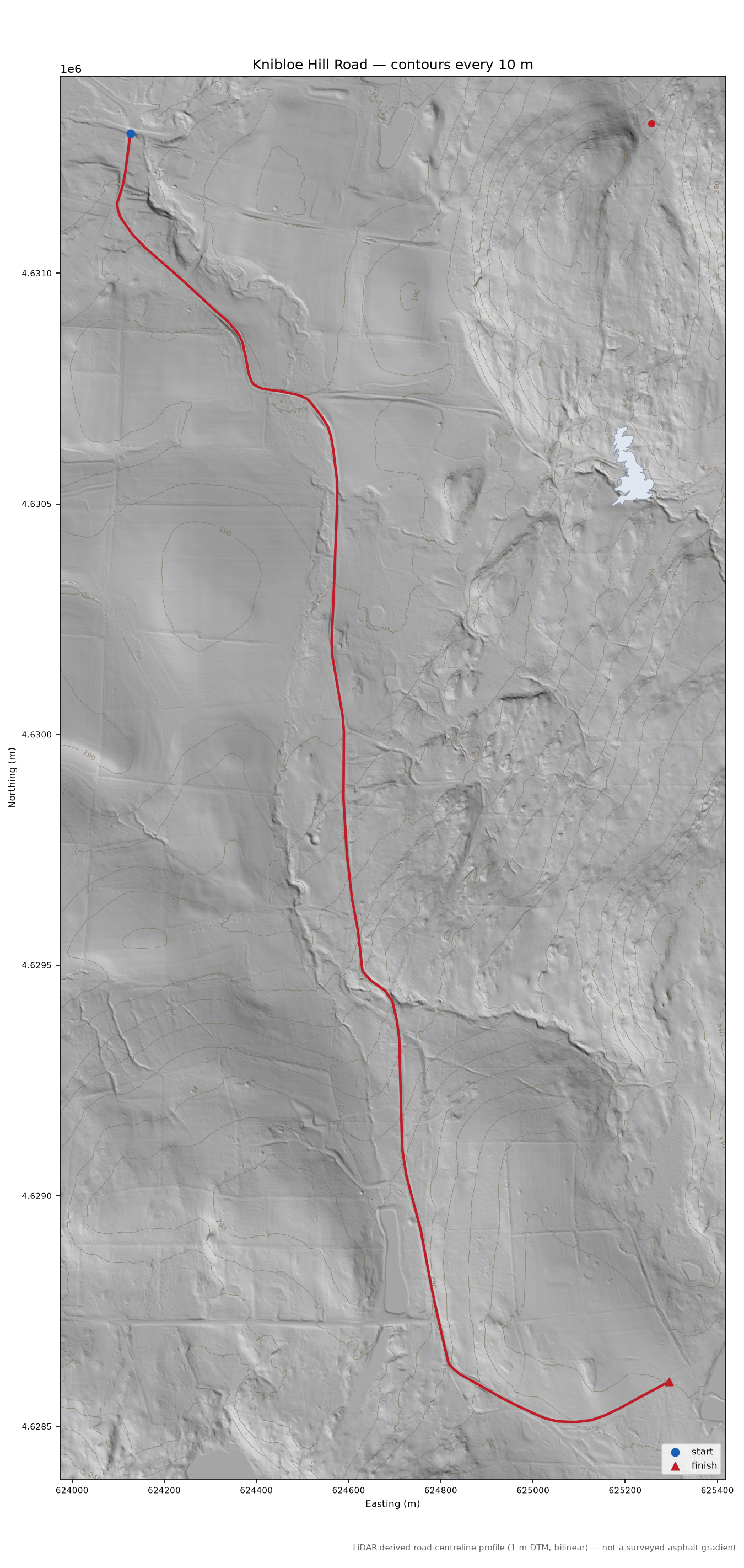 Knibloe Hill Road LiDAR hillshade map with contours